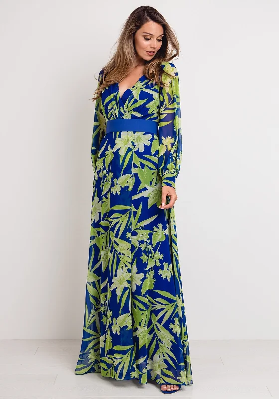 Price Reduction Herysa Tropical Floral Wrap Maxi Dress, Blue & Green