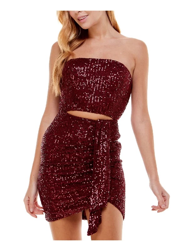 Get It Before It’s Gone CITY STUDIO Womens Burgundy Sequined Zippered Cutout Waist Tie Hi-lo Hem Sleeveless Strapless Short Party Body Con Dress Get It Before It’s Gone CITY STUDIO Womens Burgundy Sequined Zippered Cutout Waist Tie Hi-lo Hem Sleeveless Strapless Short Party Body Con Dress