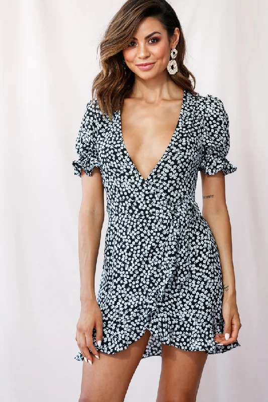 Bargain Prices Abigail Wrap Front Puff Sleeve Dress Black