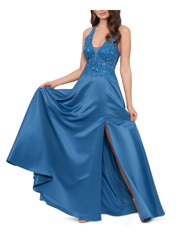 Buy More, Save More BLONDIE Womens Blue Embellished Zippered Plunging V-neck Mesh Back Straps Sleeveless Full-Length Prom Fit + Flare Dress Buy More, Save More BLONDIE Womens Blue Embellished Zippered Plunging V-neck Mesh Back Straps Sleeveless Full-Length Prom Fit + Flare Dress
