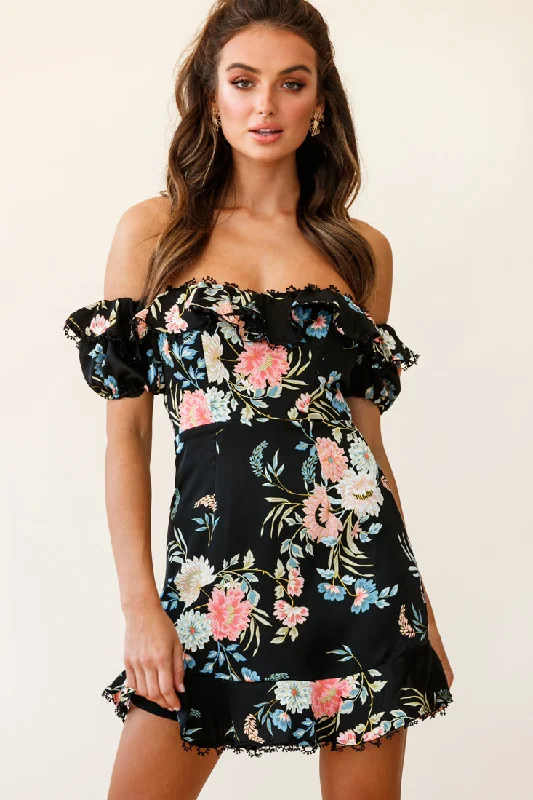 Price Cut Bobby Bardot Neckline Puff Sleeve Dress Black