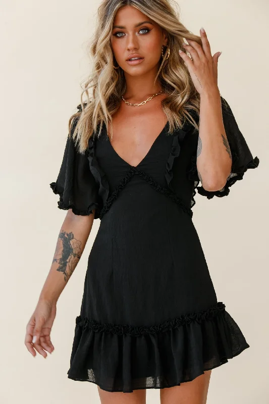 Bargain Blast Halo V-Neckline Frill Detail Dress Black