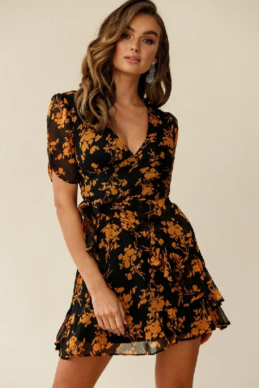 Low Prices Wonderland Wrap Front Tea Dress Floral Print Black/Mustard