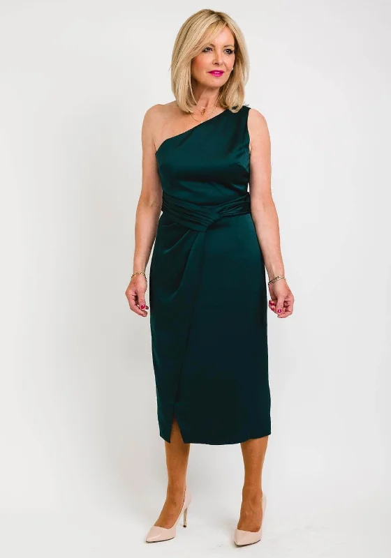 Price Cut Ted Baker One Shoulder Folded Waist Detail Midi Dress, Dark Green