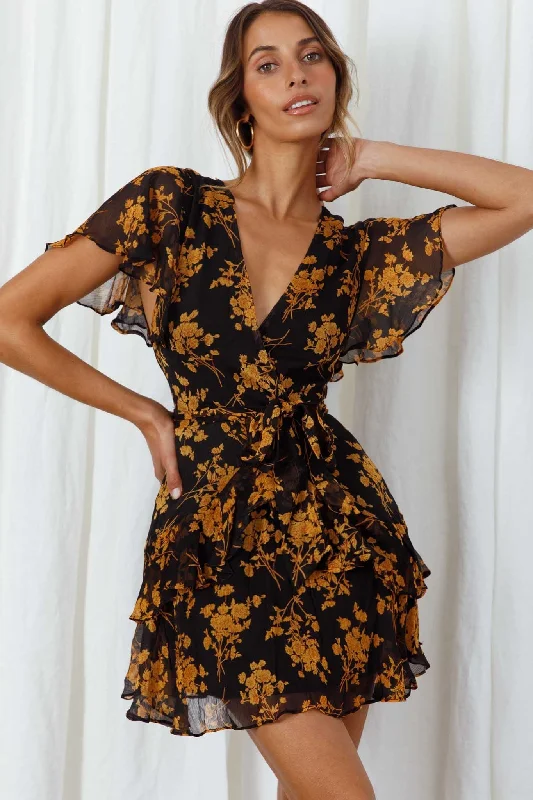 Fantastic Offers Kerry Layered Angel Sleeve Dress Black/Orange Flower