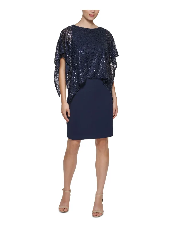 Special Buy JESSICA HOWARD Womens Navy Sequined Zippered Sheer Draped Overlay Scuba Crepe Short Sleeve Boat Neck Above The Knee Evening Sheath Dress Special Buy JESSICA HOWARD Womens Navy Sequined Zippered Sheer Draped Overlay Scuba Crepe Short Sleeve Boat Neck Above The Knee Evening Sheath Dress