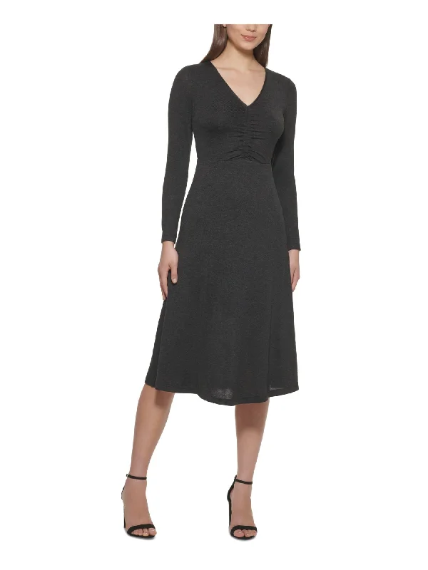 Stock Clearance KENSIE DRESSES Womens Black Long Sleeve V Neck Midi Fit + Flare Dress Stock Clearance KENSIE DRESSES Womens Black Long Sleeve V Neck Midi Fit + Flare Dress