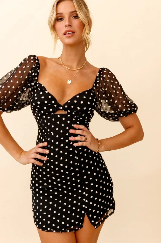Savings Galore Molli Sheer Puff Sleeve Twist Feature Dress Black