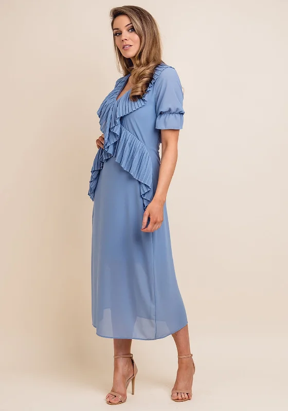 Hurry In Jovonna Pleated Trim Open Back Midi Dress, Blue