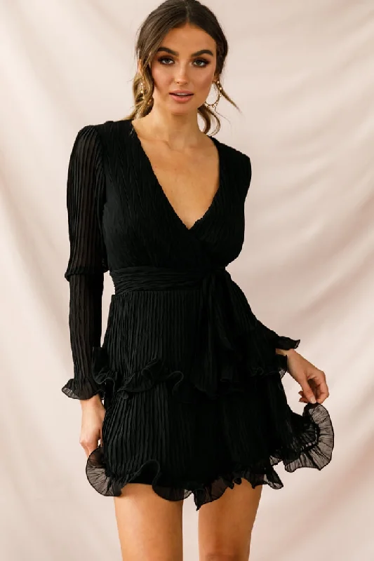 Hot Deal Greta Tiered Ruffle Chiffon Long Sleeve Dress Black