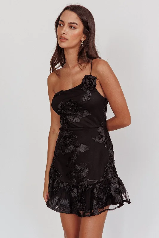Deal Dash Lilah One-Shoulder Embellished Rosette Dress Black