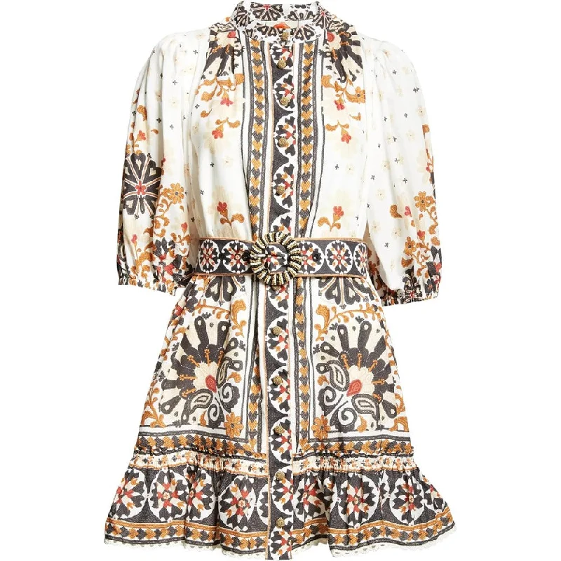 Exclusive Preview Farm Rio Women's Flower Fan Tapestry Print Puff Sleeve Belted Mini Shirt Dress