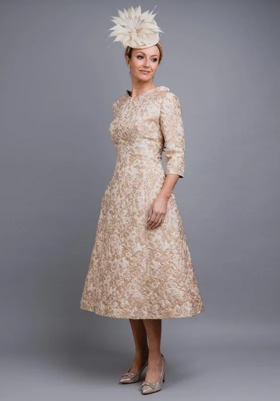 Take Advantage Fely Campo Embossed Print Flared Dress, Champagne UK Size 14