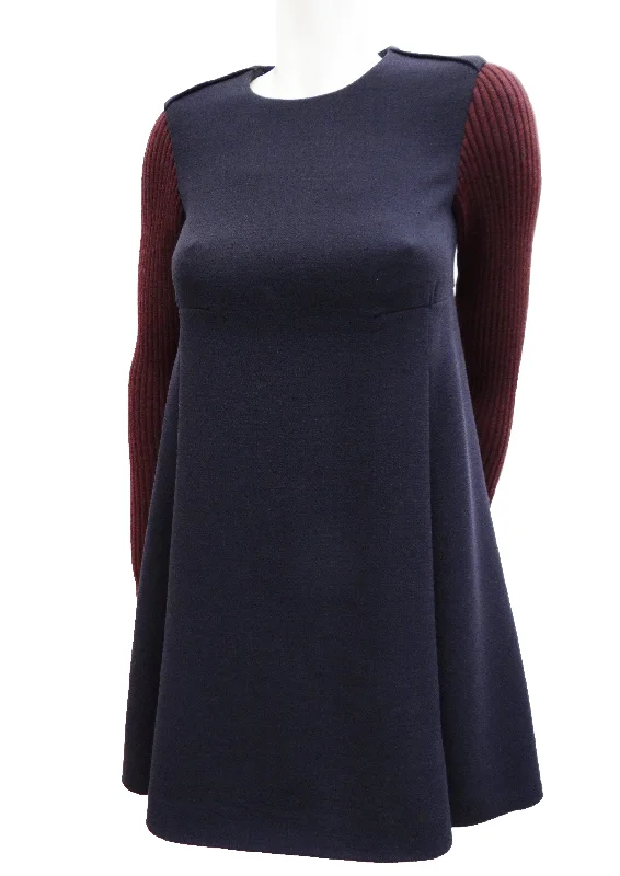 Massive Deals Cacharel Trapeze Dress in Navy Wool with Contrast Knitted Sleeves, UK8 Massive Deals Cacharel Trapeze Dress in Navy Wool with Contrast Knitted Sleeves, UK8