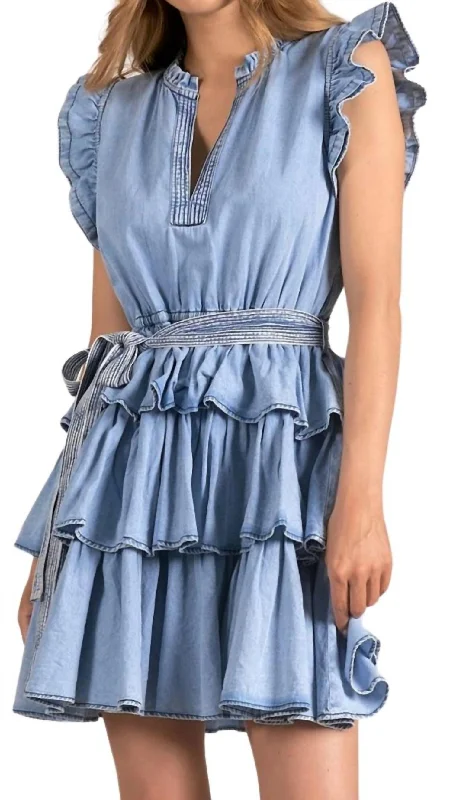 Bargain Bin Ruffled Sleeve Tiered Dress In Blue Wash