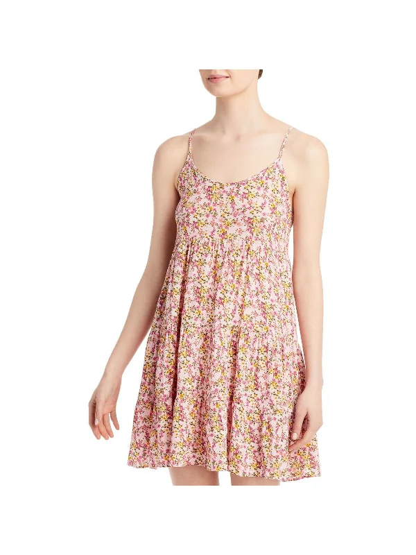 Deal Dash AVA & ESME Womens Pleated Floral Spaghetti Strap Scoop Neck Short Dress