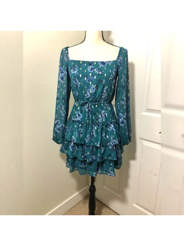 Seasonal Sale CITY STUDIO Womens Teal Tie Metallic Floral Long Sleeve Square Neck Short Party Fit + Flare Dress Seasonal Sale CITY STUDIO Womens Teal Tie Metallic Floral Long Sleeve Square Neck Short Party Fit + Flare Dress