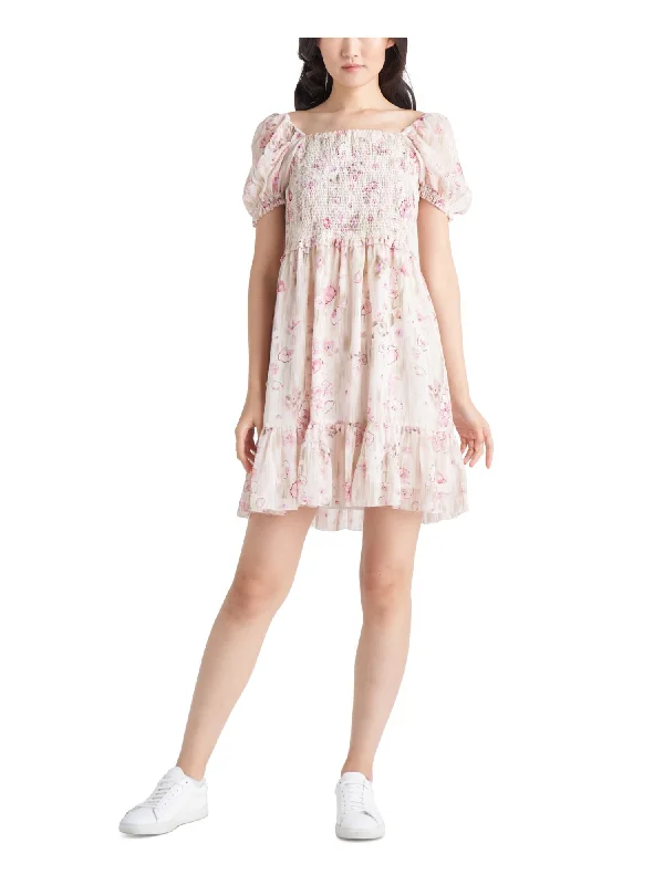 Mega Deal BLACK TAPE Womens Ivory Smocked Sheer Lined Tiered Floral Pouf Sleeve Square Neck Above The Knee Fit + Flare Dress Mega Deal BLACK TAPE Womens Ivory Smocked Sheer Lined Tiered Floral Pouf Sleeve Square Neck Above The Knee Fit + Flare Dress