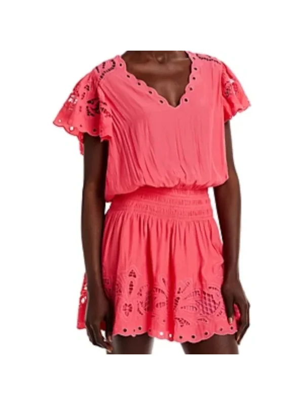 Closeout RAMY BROOK Womens Pink Eyelet Smocked Pullover Lined Short Sleeve V Neck Mini Fit + Flare Dress Closeout RAMY BROOK Womens Pink Eyelet Smocked Pullover Lined Short Sleeve V Neck Mini Fit + Flare Dress