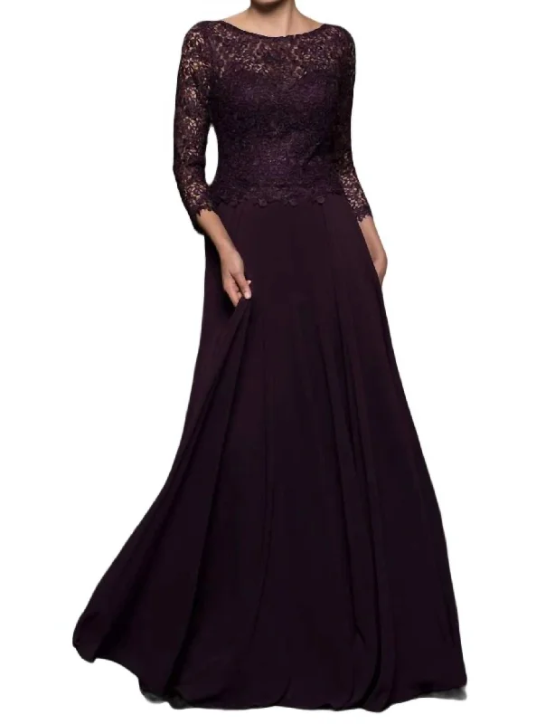 Price Reduction Embroidered 3/4 Sleeve Top Gown In Eggplant