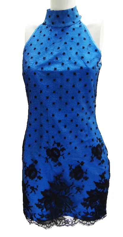 Don’t Miss Out Vintage Electric Blue Silk Halter Mini Dress with Lace Shell, UK10-12 Don’t Miss Out Vintage Electric Blue Silk Halter Mini Dress with Lace Shell, UK10-12