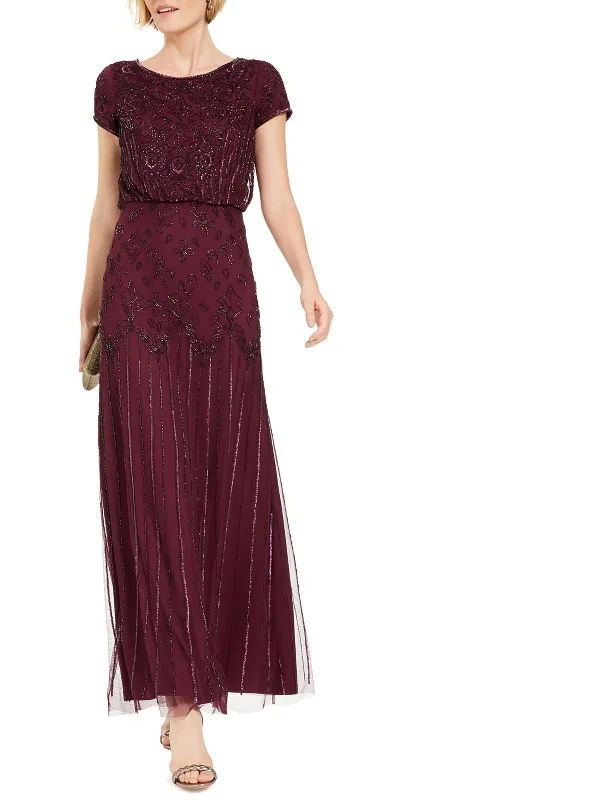 Super Sale Petites Womens Beaded Blouson Evening Dress
