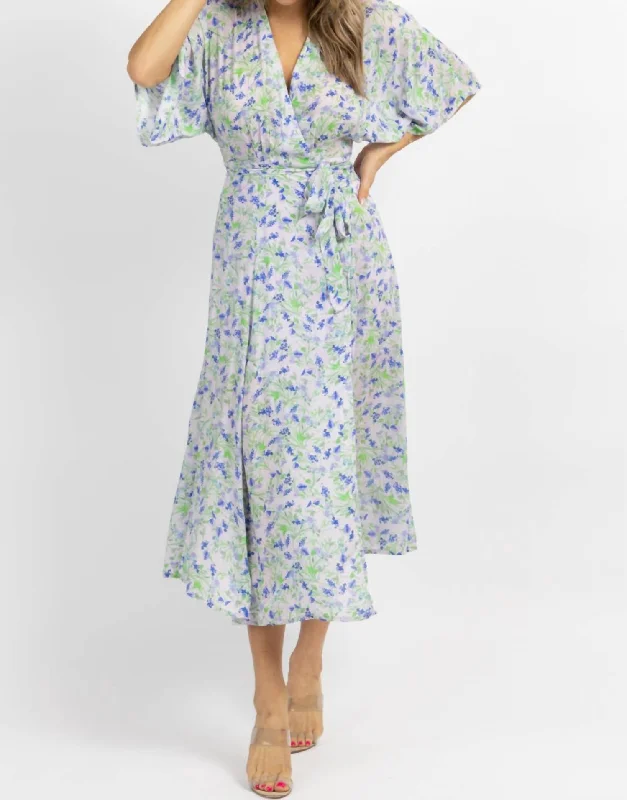 Deal Mania Floral Wrapped Midi Dress In Lavender + Blue