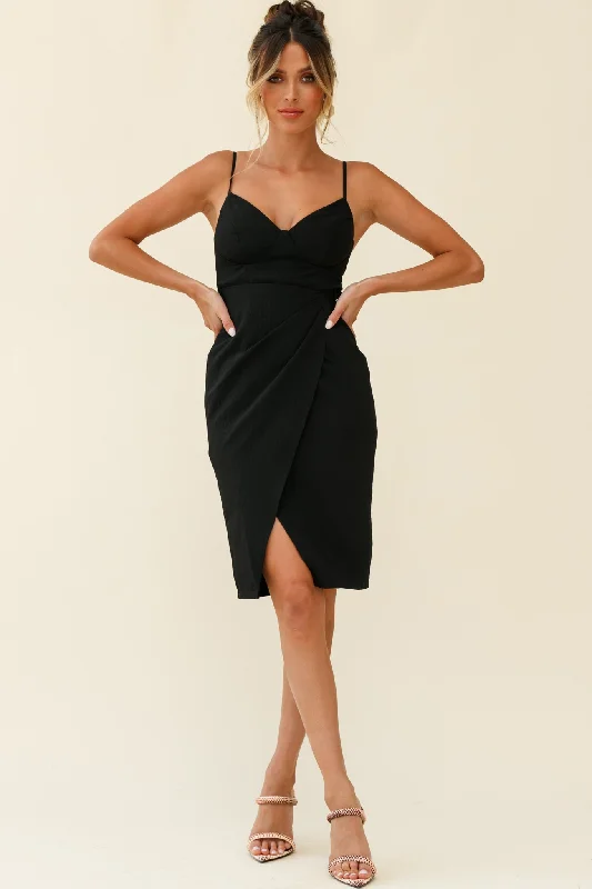 Fantastic Deals Ysabel Faux Wrap Side Buckle Knee Length Dress Black