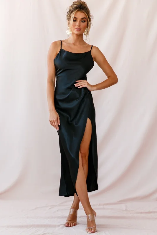 Low Prices Hey Girl Long Satin Cowl Neck Dress Black