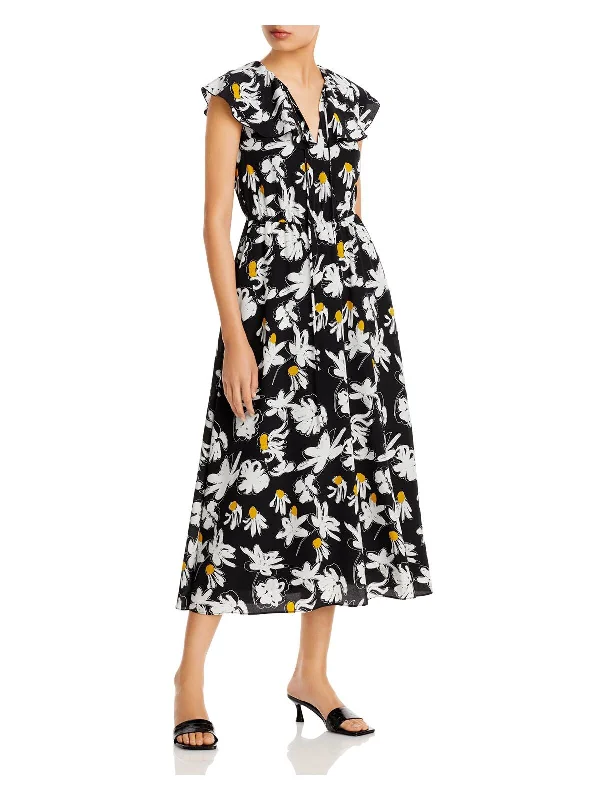 Online Specials JASON WU Womens Black Ruffled Sheer Lined Pullover Tie Floral Sleeveless V Neck Tea-Length Fit + Flare Dress Online Specials JASON WU Womens Black Ruffled Sheer Lined Pullover Tie Floral Sleeveless V Neck Tea-Length Fit + Flare Dress