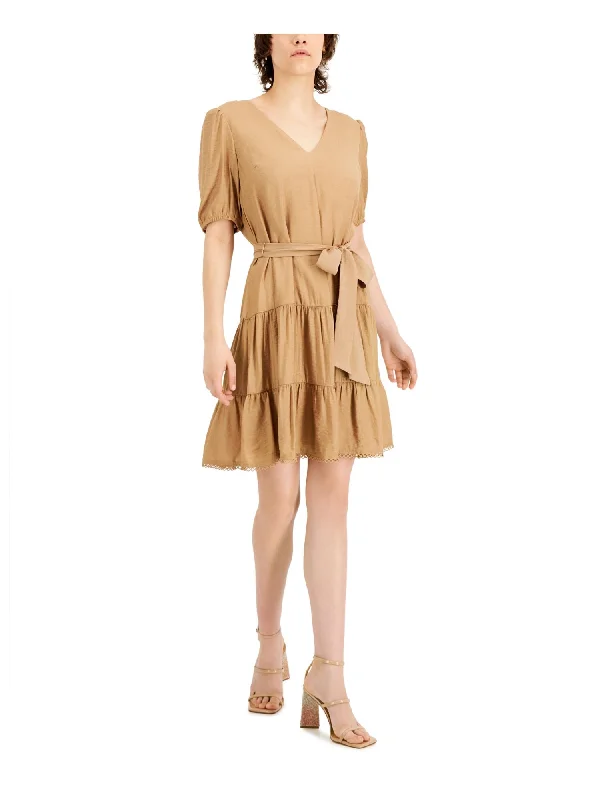 Best Bargains INC Womens Beige Zippered Ruffled Tiered Lined Lace Trim Tie Belt Short Sleeve V Neck Above The Knee A-Line Dress Best Bargains INC Womens Beige Zippered Ruffled Tiered Lined Lace Trim Tie Belt Short Sleeve V Neck Above The Knee A-Line Dress