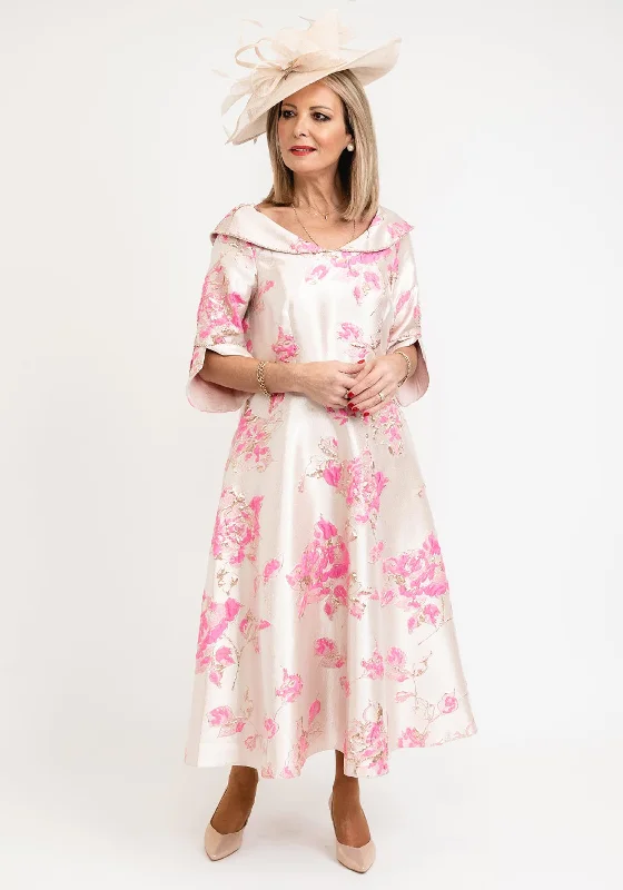 Lowest Price Lizabella Collared Neckline Textured Floral Midi Dress, Gold