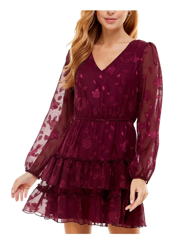 Time-Limited Offer CITY STUDIO Womens Burgundy Lace Tie Waist Keyhole Back Closure Floral Balloon Sleeve V Neck Short Party Ruffled Dress Time-Limited Offer CITY STUDIO Womens Burgundy Lace Tie Waist Keyhole Back Closure Floral Balloon Sleeve V Neck Short Party Ruffled Dress