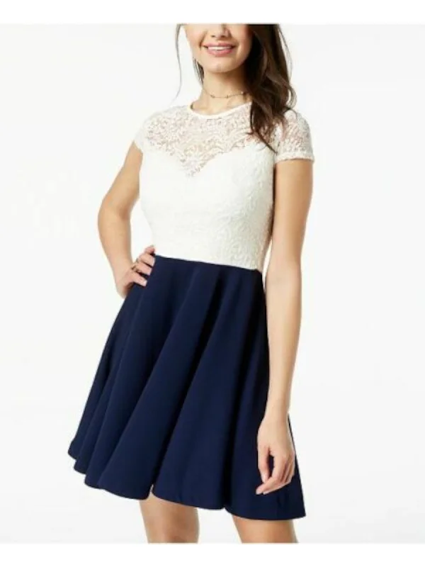 Deep Discounts B DARLIN Womens Navy Stretch Zippered Tie Lace Color Block Short Sleeve Crew Neck Short Party Fit + Flare Dress Deep Discounts B DARLIN Womens Navy Stretch Zippered Tie Lace Color Block Short Sleeve Crew Neck Short Party Fit + Flare Dress