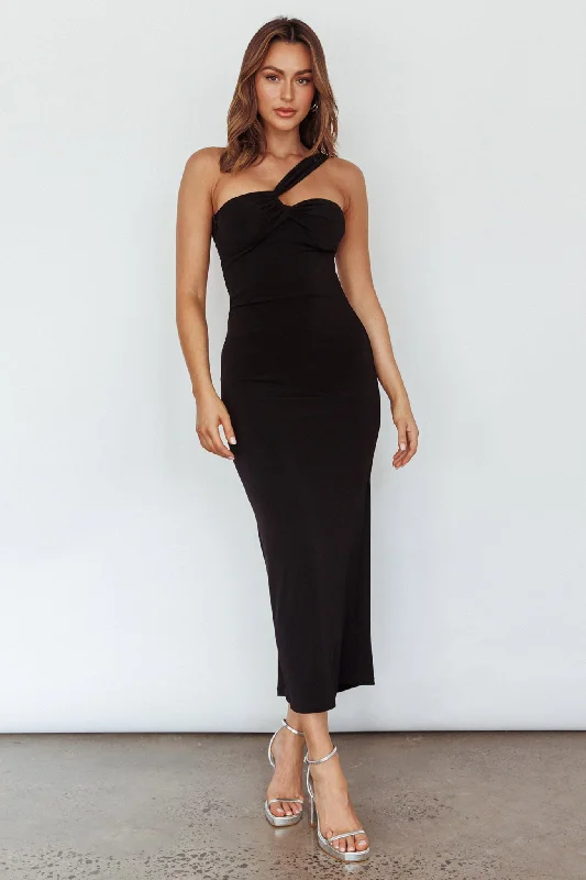 Time-Limited Offer Trinny One-Shoulder Ruched Back Midi Dress Black
