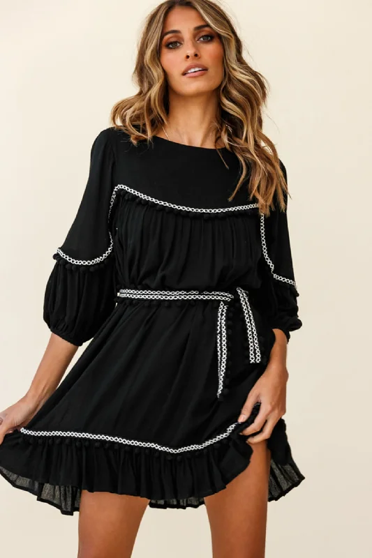Take Advantage Marionette Three-Quarter Sleeve Pom-Pom Dress Black