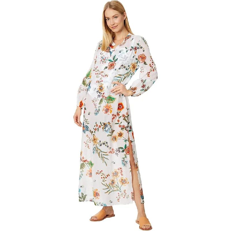 Clearance Items Johnny Was Women's Puff Sleeve Maxi Dress Multi White Floral Print
