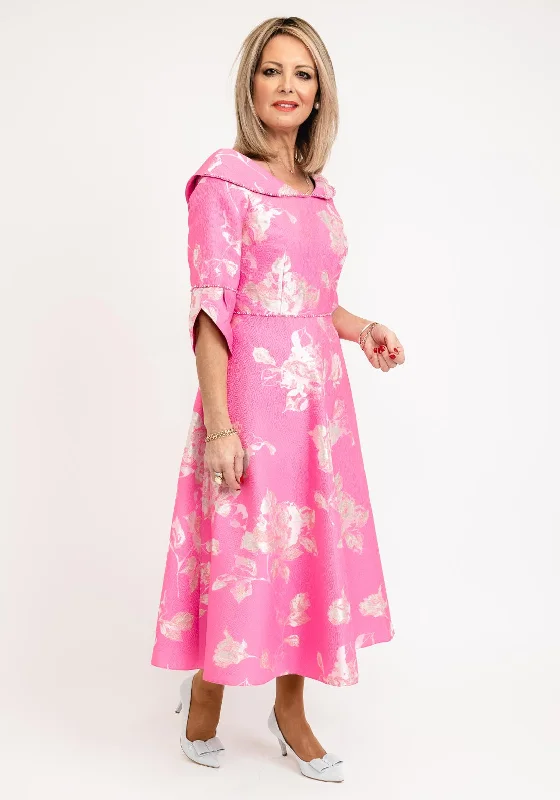Deal Dash Lizabella Collared Neckline Textured Floral Midi Dress, Hot Pink