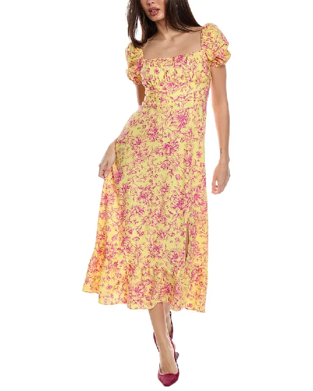 Don’t Miss Out London Times Puff Sleeve Linen-Blend Midi Dress