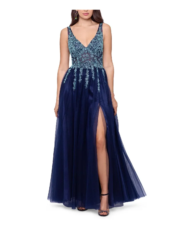 Early Bird Discount BLONDIE NITES Womens Navy Mesh Embellished Zippered Sheer Beaded Front Slit Lined Sleeveless V Neck Full-Length Evening Gown Dress Early Bird Discount BLONDIE NITES Womens Navy Mesh Embellished Zippered Sheer Beaded Front Slit Lined Sleeveless V Neck Full-Length Evening Gown Dress