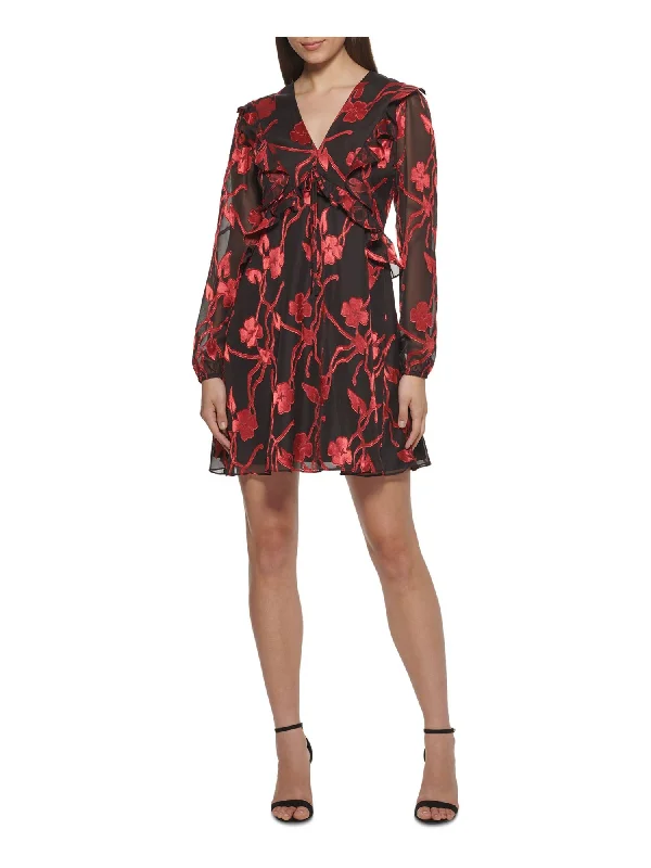 New Deals KENSIE Womens Ruffled Blouson Sleeve V Neck Short Formal Fit + Flare Dress