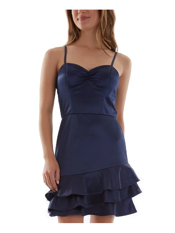 Take Advantage BCX DRESS Womens Navy Stretch Ruffled Zippered Cupped Pullover Spaghetti Strap Sweetheart Neckline Above The Knee Party Sheath Dress Take Advantage BCX DRESS Womens Navy Stretch Ruffled Zippered Cupped Pullover Spaghetti Strap Sweetheart Neckline Above The Knee Party Sheath Dress