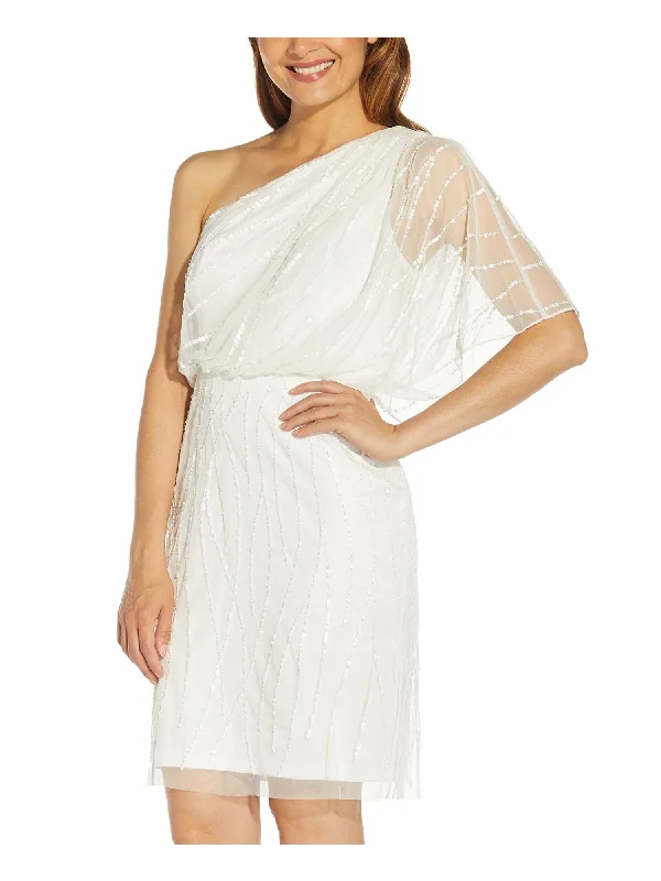 Inventory Reduction ADRIANNA PAPELL Womens Sequined Short Sleeve Asymmetrical Neckline Above The Knee Cocktail Blouson Dress