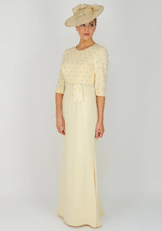 Crazy Deals John Charles Embellished Long Crepe Dress UK Size 10, Lemon