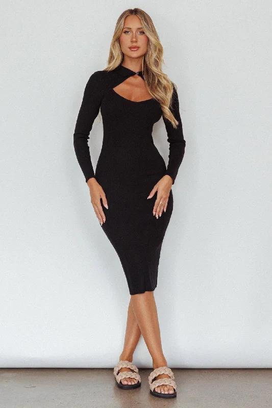 Extra Savings Home Run Long Sleeve Collared Midi Dress Black