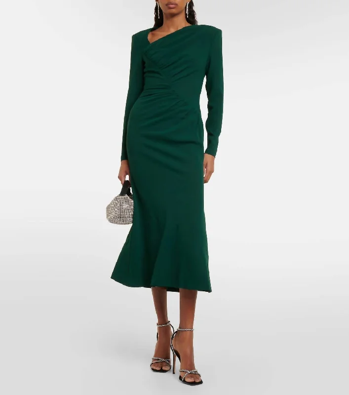 Instant Discount Long Sleeve Rouched Midi Dress In Green