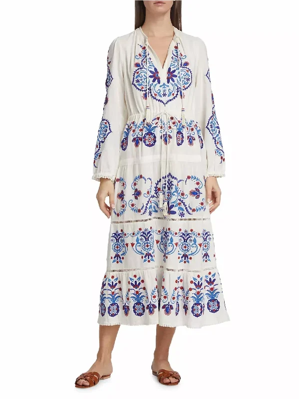 Huge Discounts Linen-Blend Embroidered Midi Dress In Off-White Navy