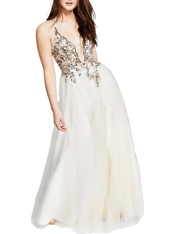 Price Drop Juniors Womens Mesh Embellished Evening Dress