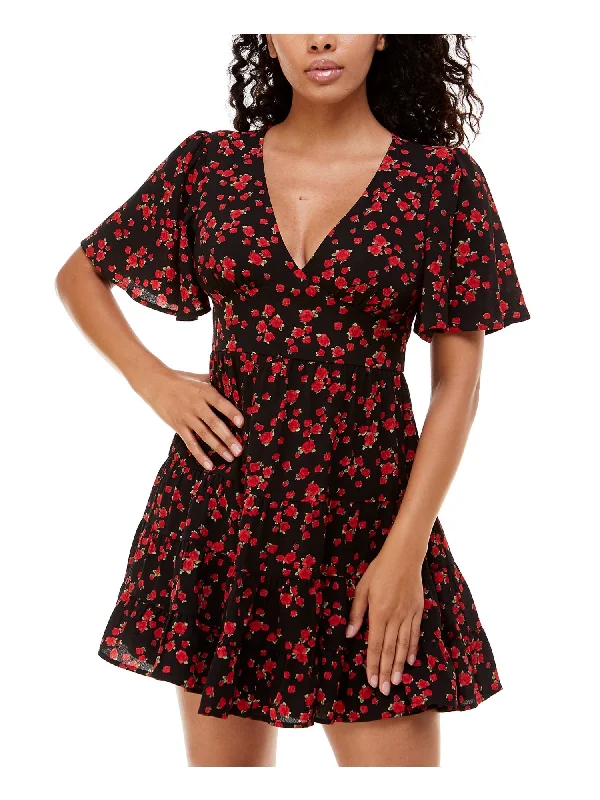 Price Drop B DARLIN Womens Black Stretch Zippered Tie Tiered Skirt Keyhole Back Floral Flutter Sleeve V Neck Short Party Fit + Flare Dress Price Drop B DARLIN Womens Black Stretch Zippered Tie Tiered Skirt Keyhole Back Floral Flutter Sleeve V Neck Short Party Fit + Flare Dress