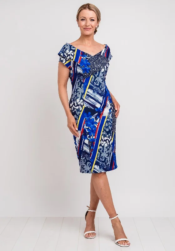 Holiday Sale Lizabella Multi Print Shawl Collar Dress, Blue